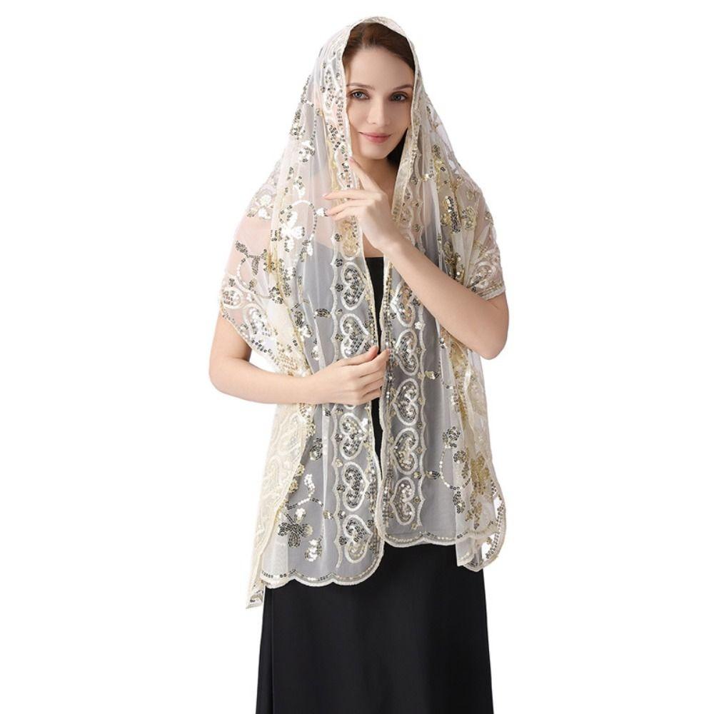 Sheer Embroidery Sequins Shawls Tulle Belly Dancing Scarf Shiny Tassel Wrap for Girl