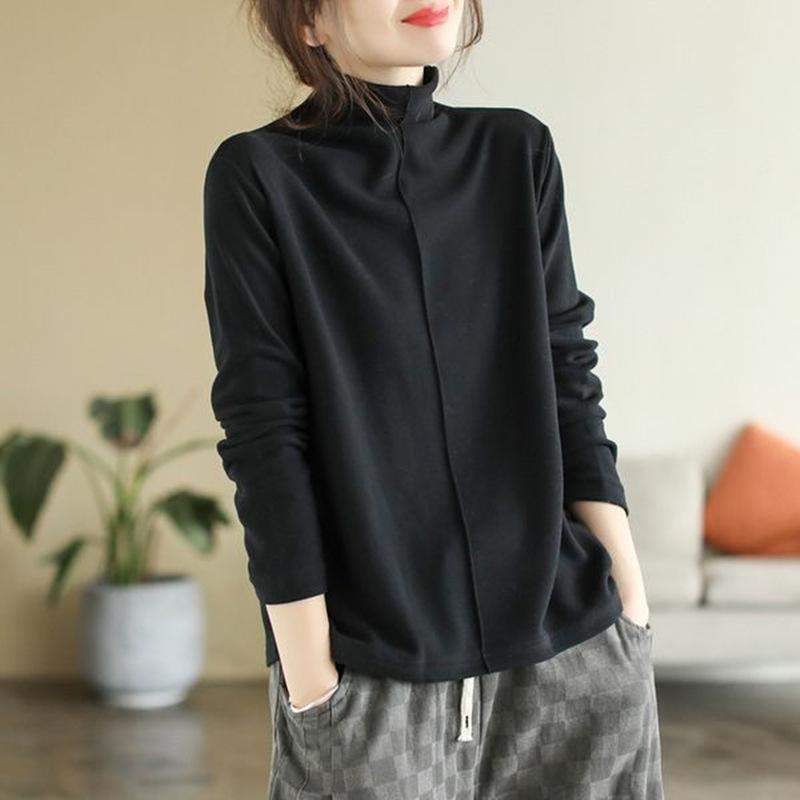 Women's Versatile Patchwork Velvet Semi-High Neck Shirt - Autumn/Winter 2025