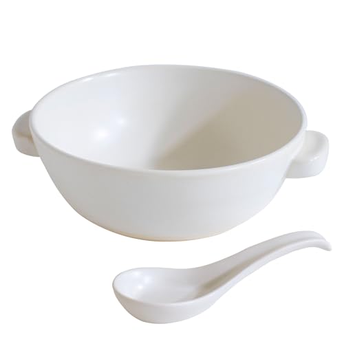 Kamoshika Douguten Open-Food Ramen Pot and Rice Bowl Set, Single-Serving, Banko Ware, Made in Japan (White)