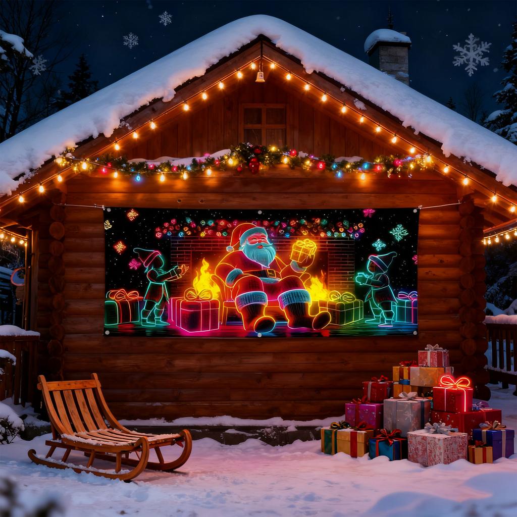 Aktivovaný Vánoční Banner na Kryt Garážových Vrat, Svítí ve Tmě, Kreslený Design Santa Clause, Venkovní Vnitřní Party Dekorace