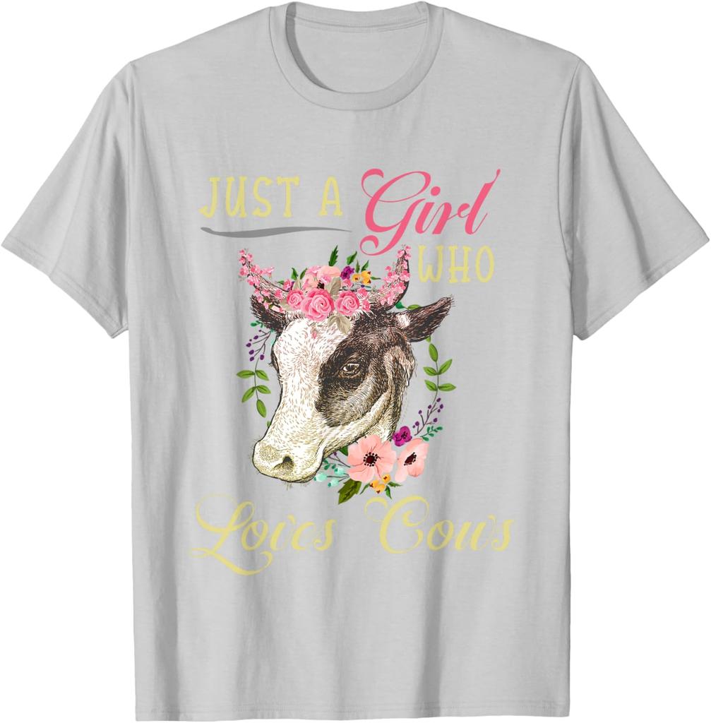 Just a Girl Who Loves Cows Graphic Tee Cute Floral Cow Head Women Casual T-Shirt