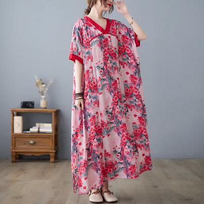 Sommer Locker Übergröße Chinesischer Stil V-Ausschnitt Kontrastierendes Baumwollleinen Kurzarm Schlankmachendes Midikleid für Frauen Kleider