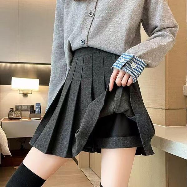 American Retro Plus Size High-Waist Wool Pleated Skirt for Women