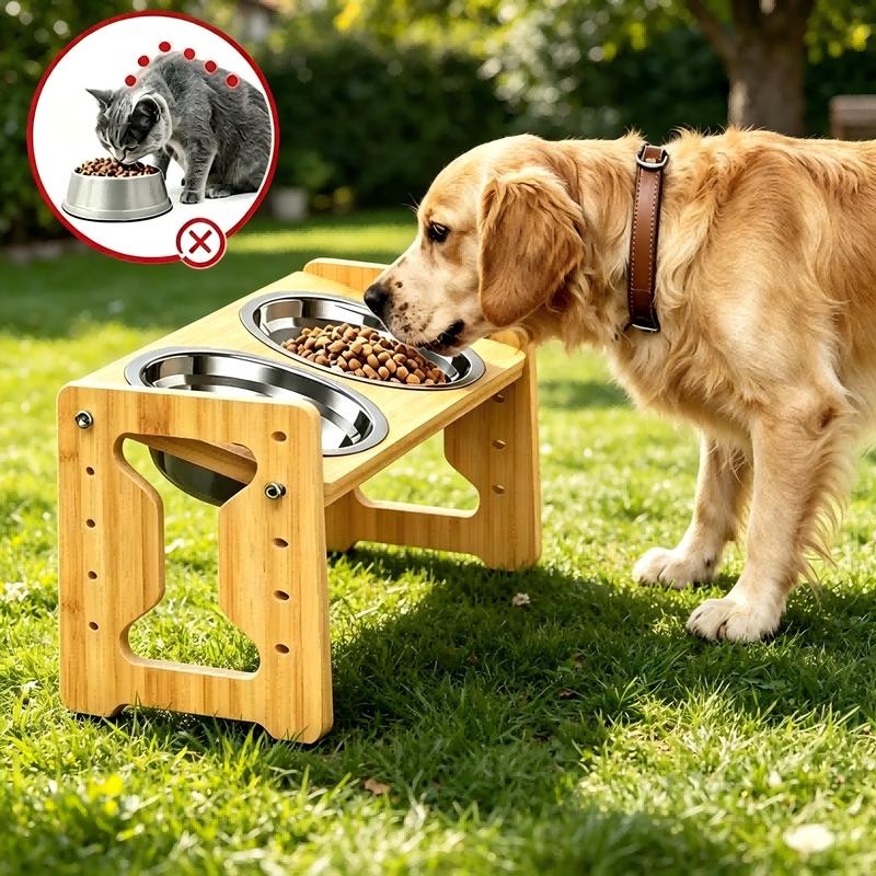 Wooden Elevated Dog Cat Feeder Stand Adjustable Raised Double Stainless Steel Bowls 15°Tilt Anti Slip Pet Food Water Bowl
