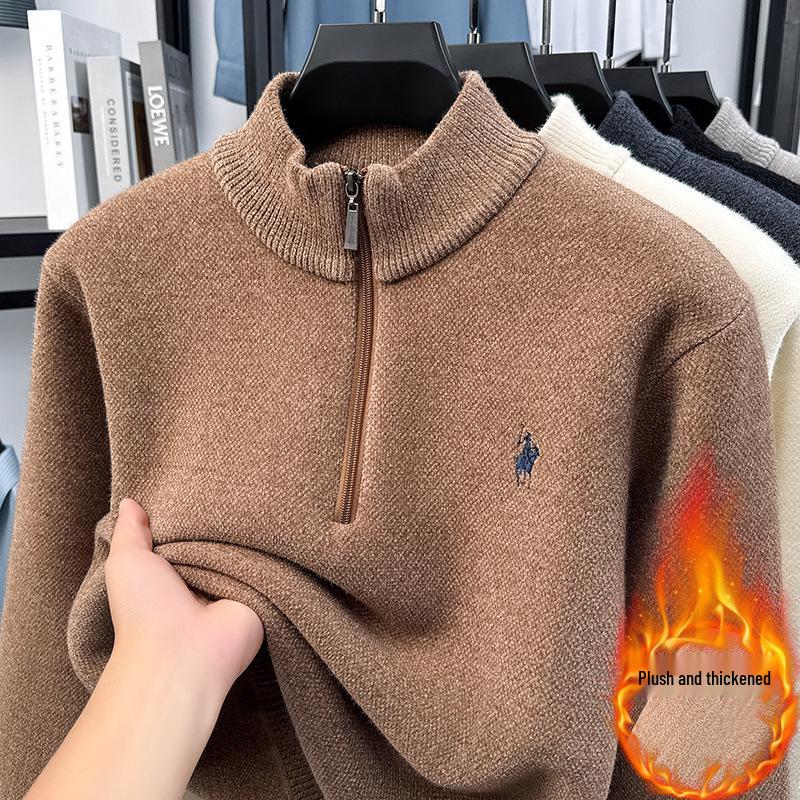 

Men s Mink Velvet Half-Zip Fleece-Lined Winter Sweater with High Collar 4XL коричневий