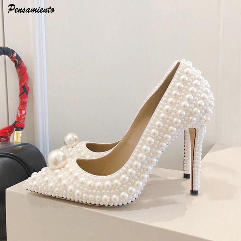 Luxury All perals Decoration White Women Pumps Spring Autumn Elegant 11CM Thin High heels Wedding Bridal Prom Shoes