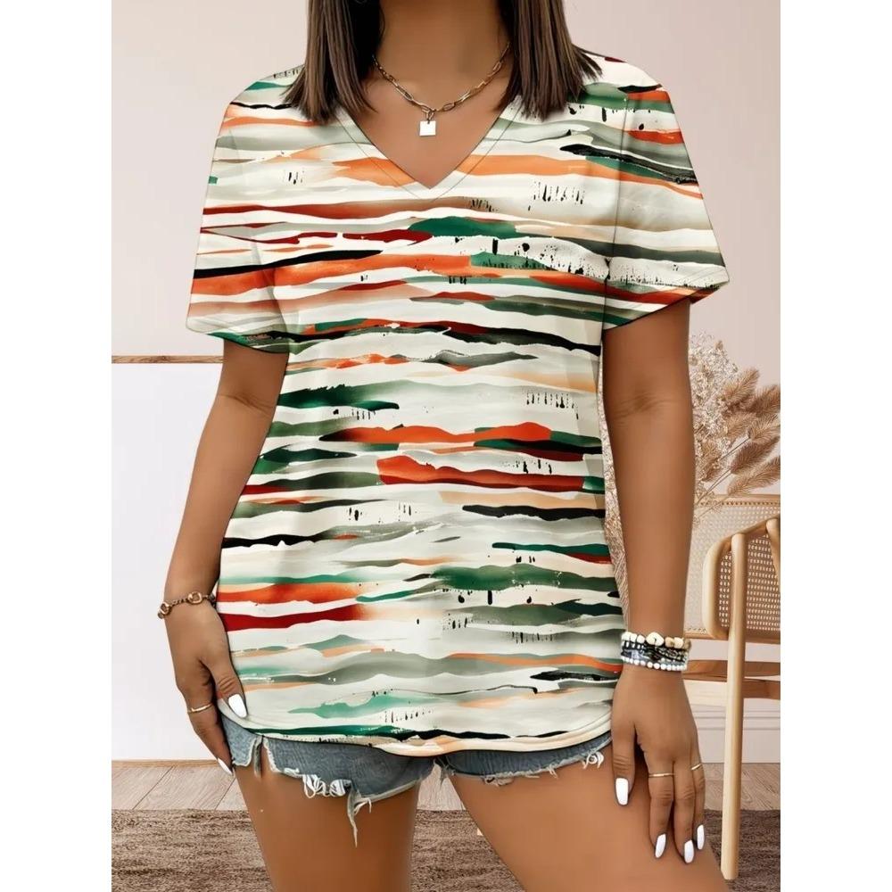 Fashion Retro Stripes 3D Personality Printed Summer T-shirt Women's Loose Comfortable Soft Breathable V-neck Short Sleeved T-shirt