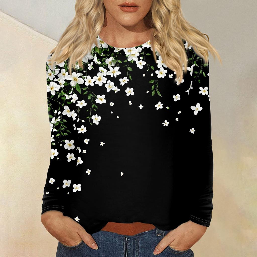 Women's Fashion Casual Round Neck Long Sleeve Printed T-shirt Top