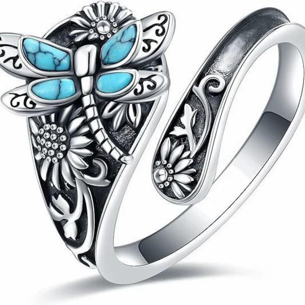 Anello da donna vintage personalità bohémien turchese libellula girasole avvolgente