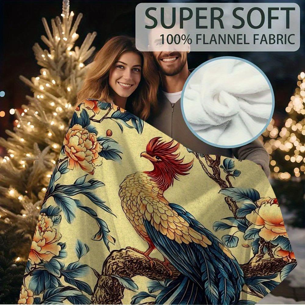1pc Vintage Phoenix & Peony Floral Print Throw Blanket, 60x80 Inch, Soft Fabric, Single-Sided Design, All-Season Cozy Sofa