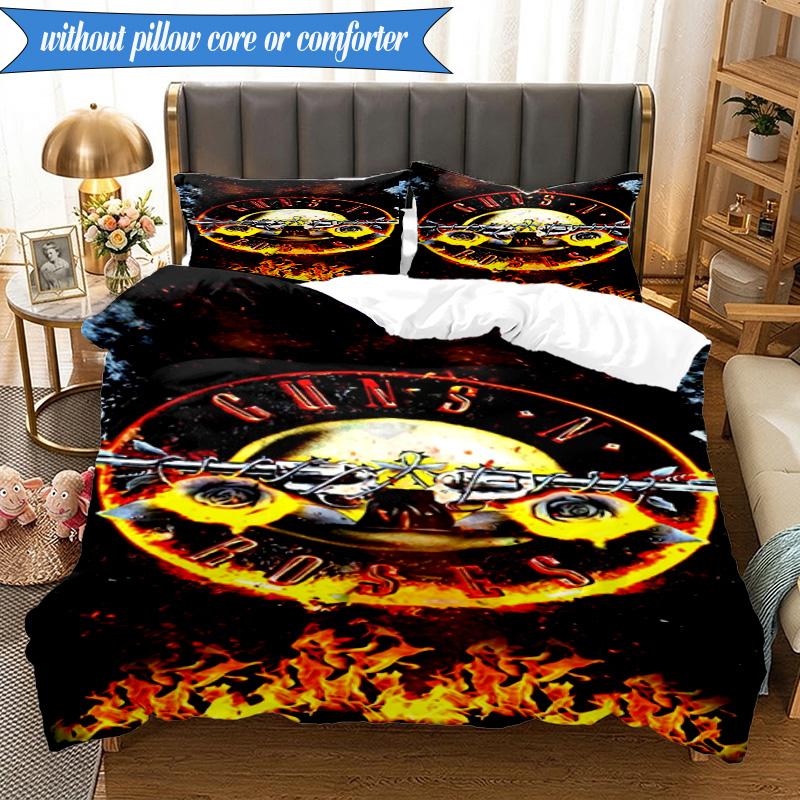 3PCS Guns Roses Fire Logo Bedding Set,Including 1pc Duvet Cover And 2pcs Pillowcases Perfect for Bedroom, Dormitory, Fan Christmas gift