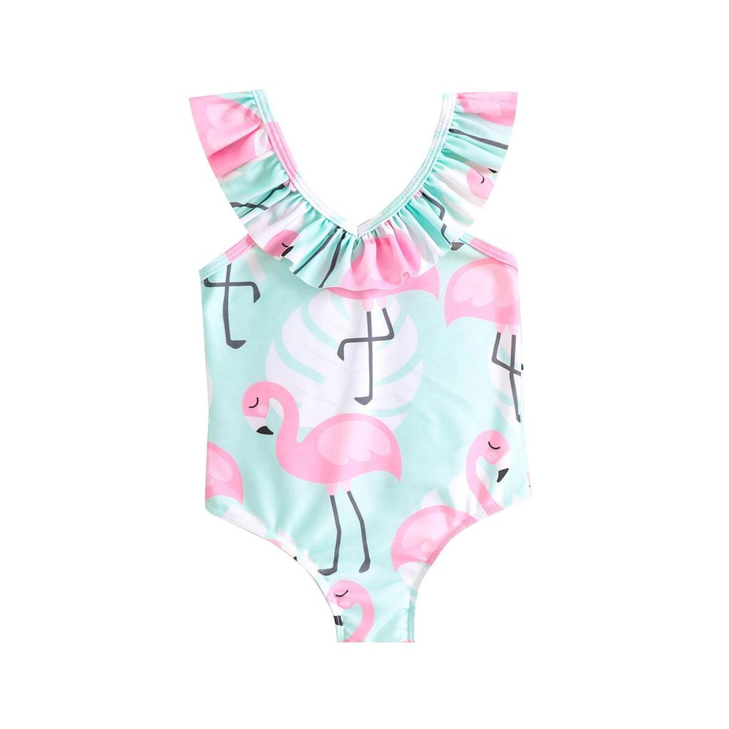Girl's Flamingo Print Spaghetti Strap V-Neck Swimsuit