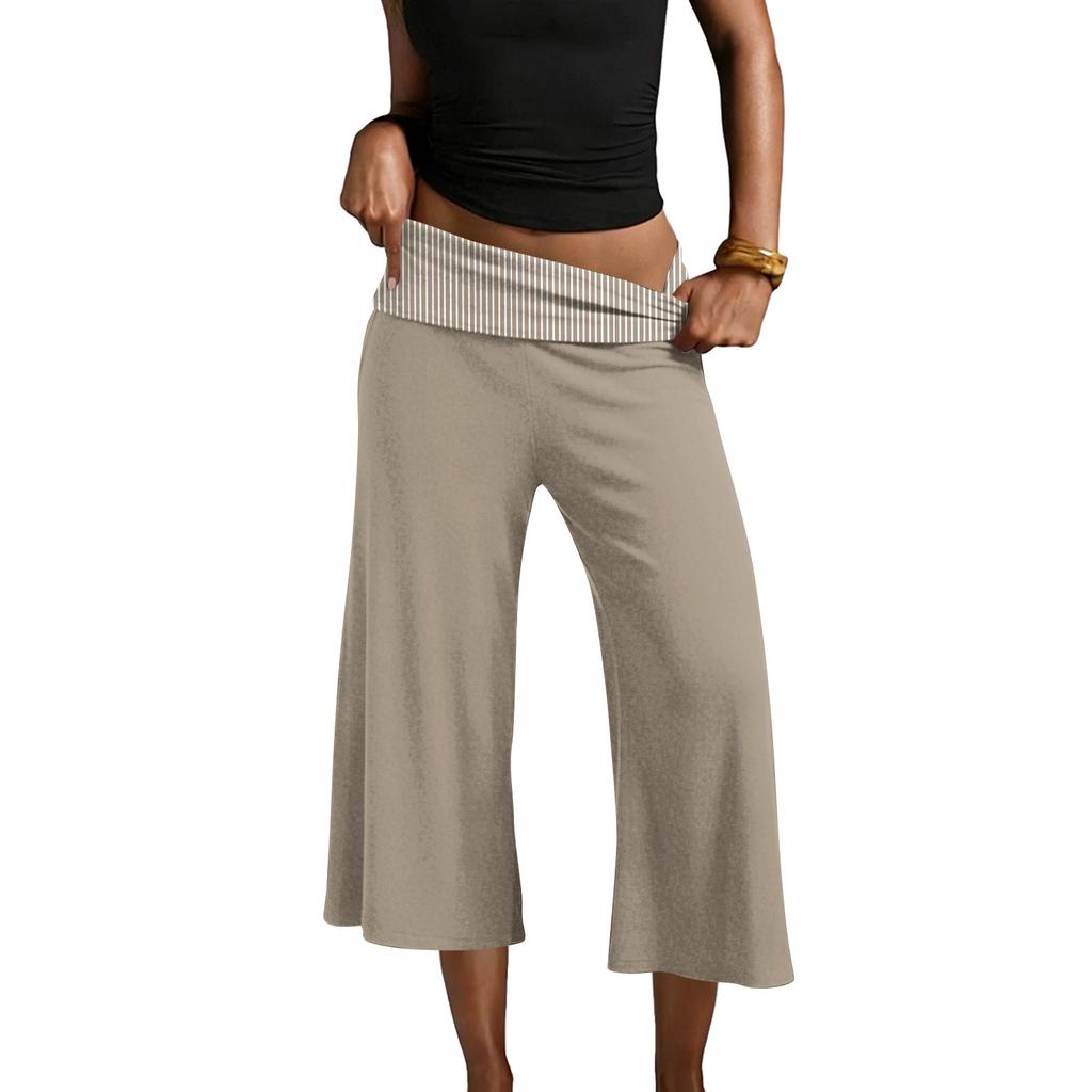Womens Fold Over Cropped Pants Flared Bottom Fold Over Sweatpants Low Yoga Strechy Casual Wide Leg Sweatpant