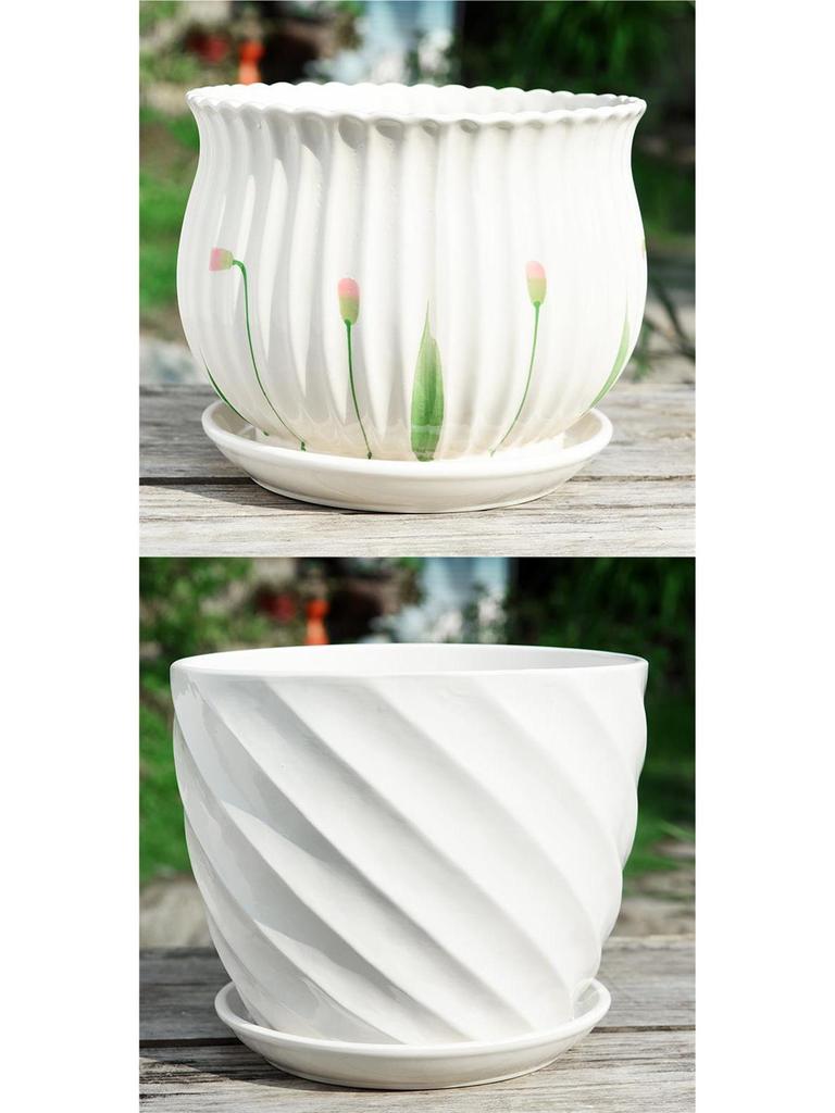 Nordic White Ceramic Flower Pot with Tray - Large & Extra Large for Pothos & Succulents