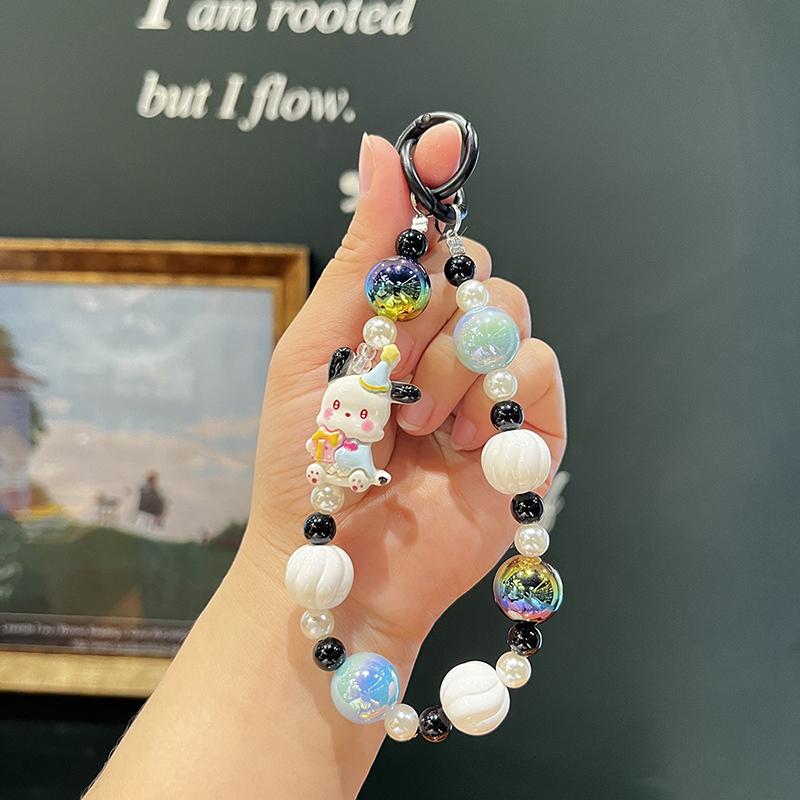 Sanrio Kuromi Beads Phone Chain Cinnamoroll Melody Keychain Sweet Girl Wrist Strap Bracelet Earphone Case Charm Bag Decor