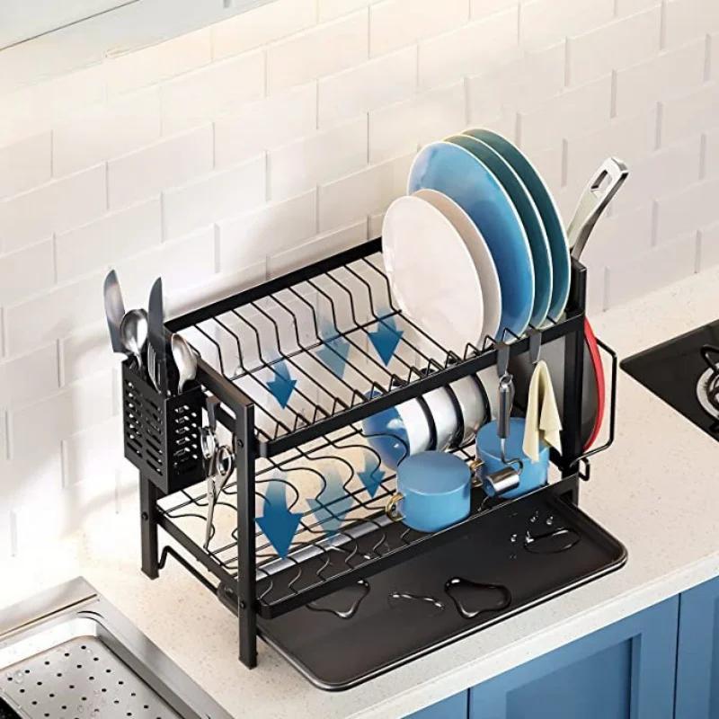 2Layer Kitchen Dish Drying Rack Cutlery Organizer Drainage Basket for Utensils & Plate Storage Fits Over Sink or In Washing Area