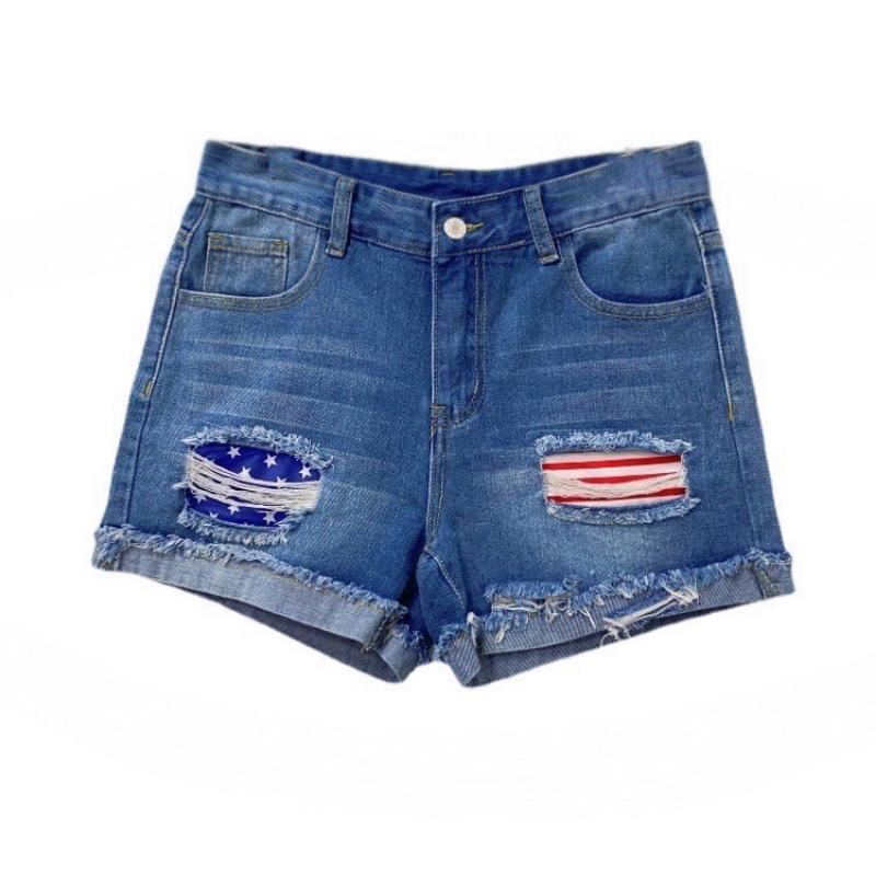 New Women's Stars Print Ripped Denim Shorts, Summer Street Style Distressed Jeans Shorts with Embroidered Detail for Casual Fashion Look