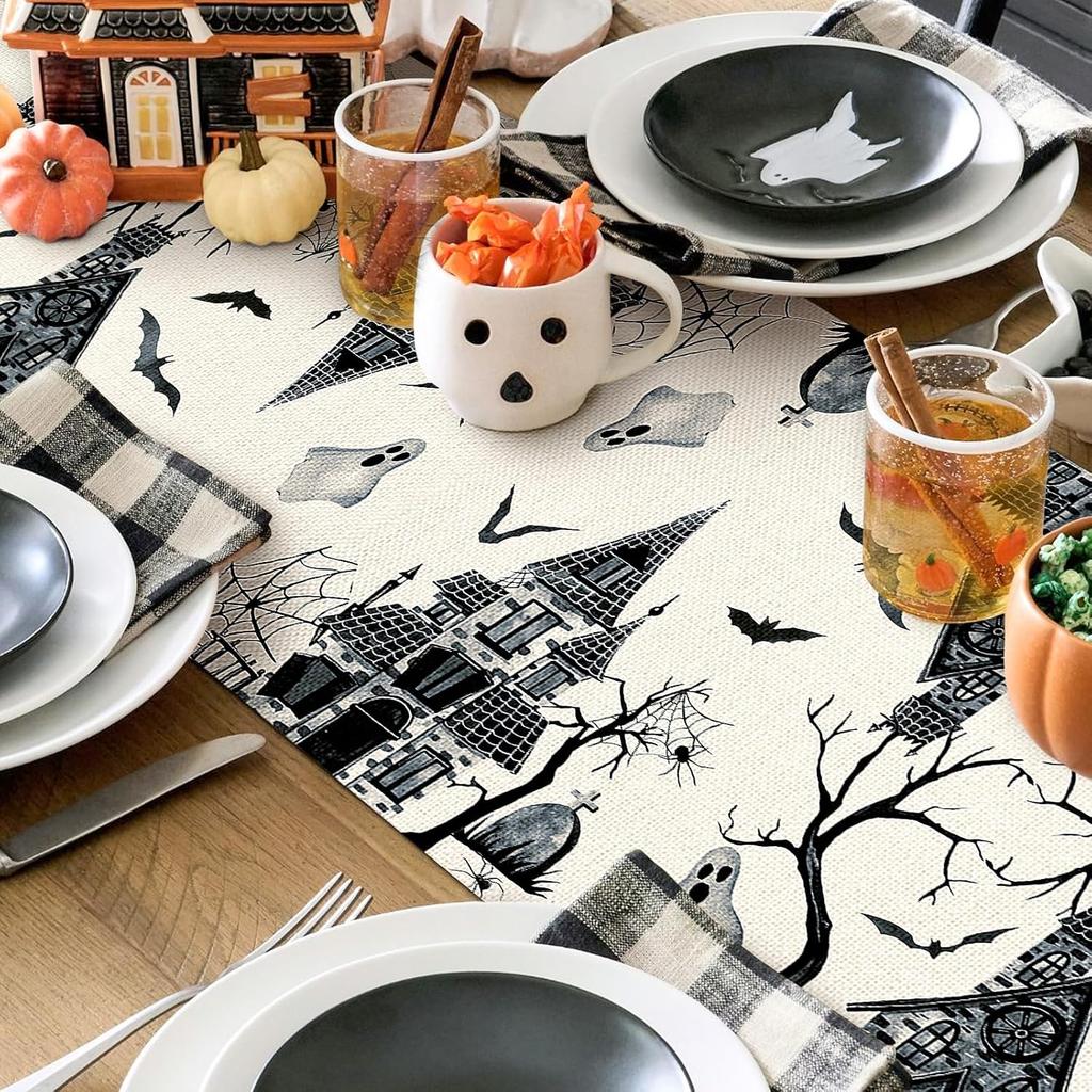 Artscope Black White Spooky Haunted House Tree Ghost Halloween Table Runner, Halloween Holiday Kitchen Dining Table Decoration for Fall Home Decor