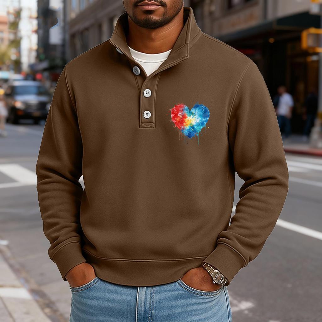 Men's Casual Stand-Up Collar Long-Sleeve Top Print Button-Down Sweatshirt