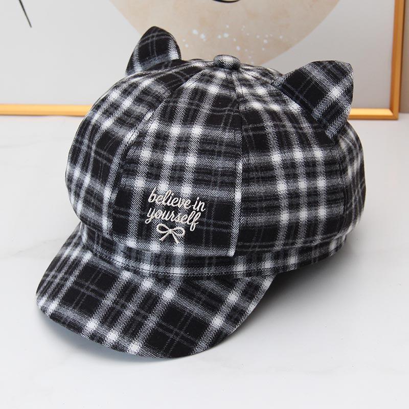 Cute cat ear plaid octagonal hat female autumn and winter retro embroidered beret showing face little girl versatile newsboy hat