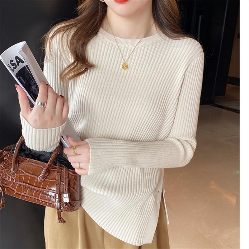 Móda Jednobarevné Pulovry Slim Fit Pletený svetr Ženy Dlouhý rukáv S výstřihem do O Ležérní Zimní Dámské Svetry Elegantní Knoflíky Dámské Svetry Pletené 25614