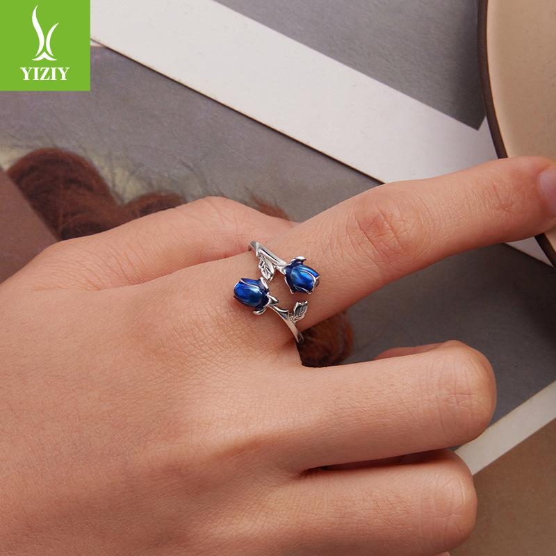 Drip Blue Enchantress Rose Opening Ring Romantic Valentine'S Day S925 Sterling Silver Ring