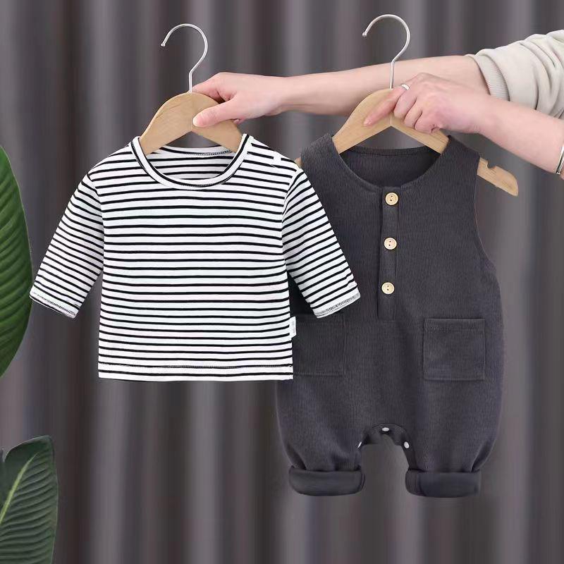 

Korean Style Spring Two-Piece Set: Trendy Long Sleeve Overalls for Baby Boys and Girls Size 90 (10-15 months)