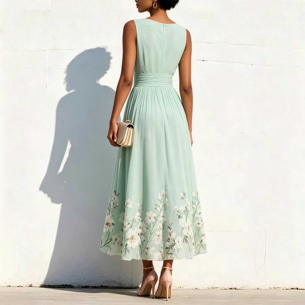 Sleeveless V Neck Pleated Waist Floral Print Long Dress for Women Elegant Maxi Dress with Flowing Skirt Suitable for Various Occasions