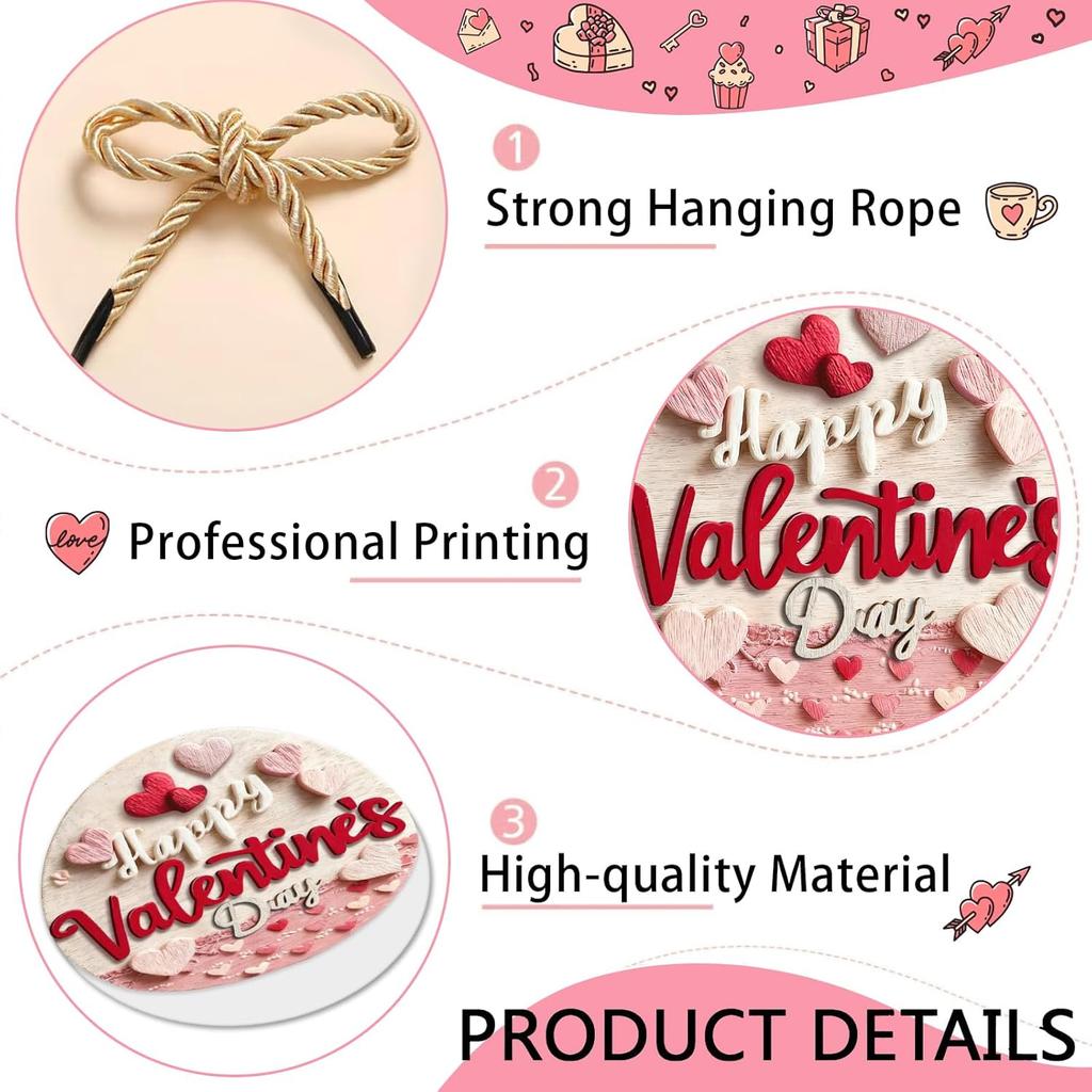 Happy Valentine's Day Welcome Door Sign Valentine's Day Hanging Sign Valentine Wreaths for Front Door Red Pink Love Hearts Door Hanger Indoor Outside