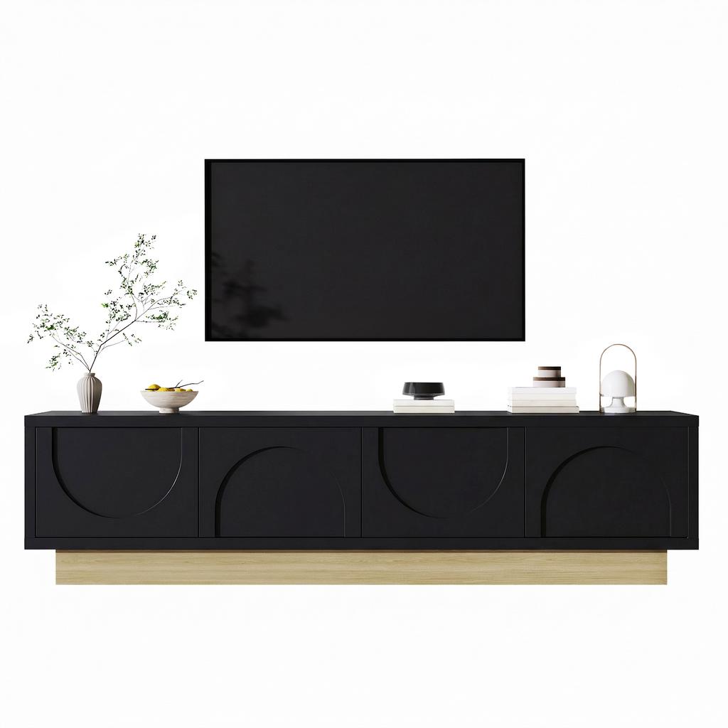 Modern Black TV Stand with Wood Grain – 175 Cm – Minimalist, Curved Design – Plenty of Storage Space and Cable Management