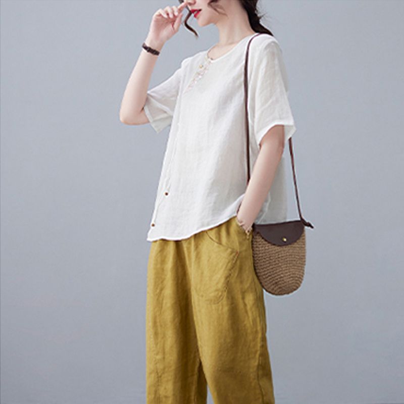 Pull Manches Courtes Chemise Coton Lin Femme Littéraire Rétro Brodé Haut T-shirt Été
