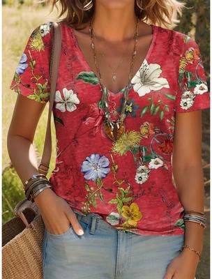 Camiseta Nueva de Verano para Mujer Estampado Floral Vintage 3D Cuello en V Manga Corta Moda Camiseta para Mujer Ropa Camiseta Y2k para Mujer