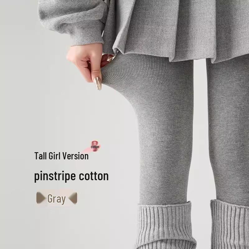 Fleece-Lined High-Waisted Grey Stirrup Footed Leggings for Women - Warm Micro-Compression Vertical Striped Tights