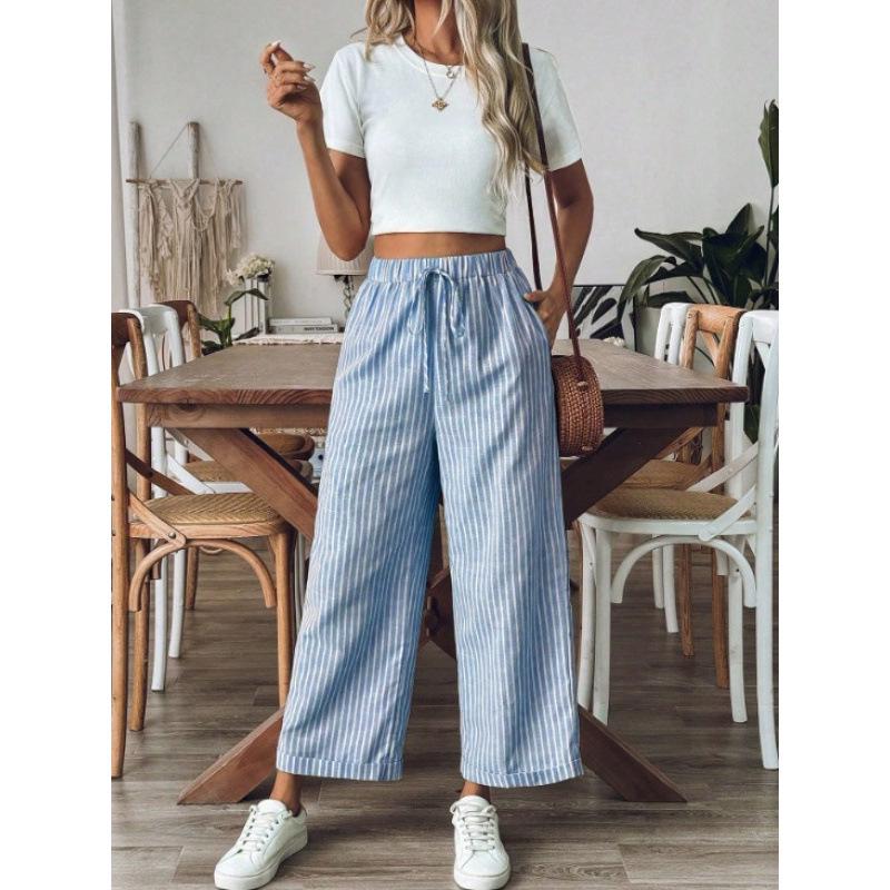 2026 Striped Casual Loose Wide-Leg Cropped Pants - European & American Style