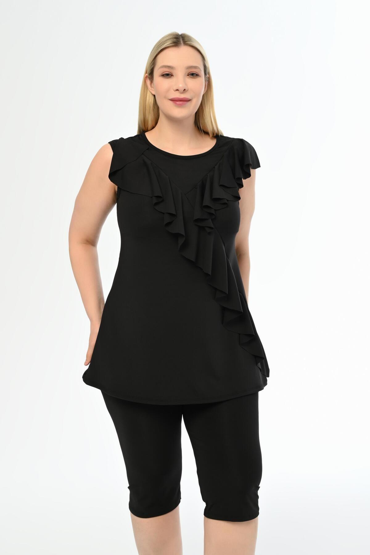 

Женский стильный купальник большого размера Aquaviva, черные леггинсы больших размеров с воланом спереди, танкини XL