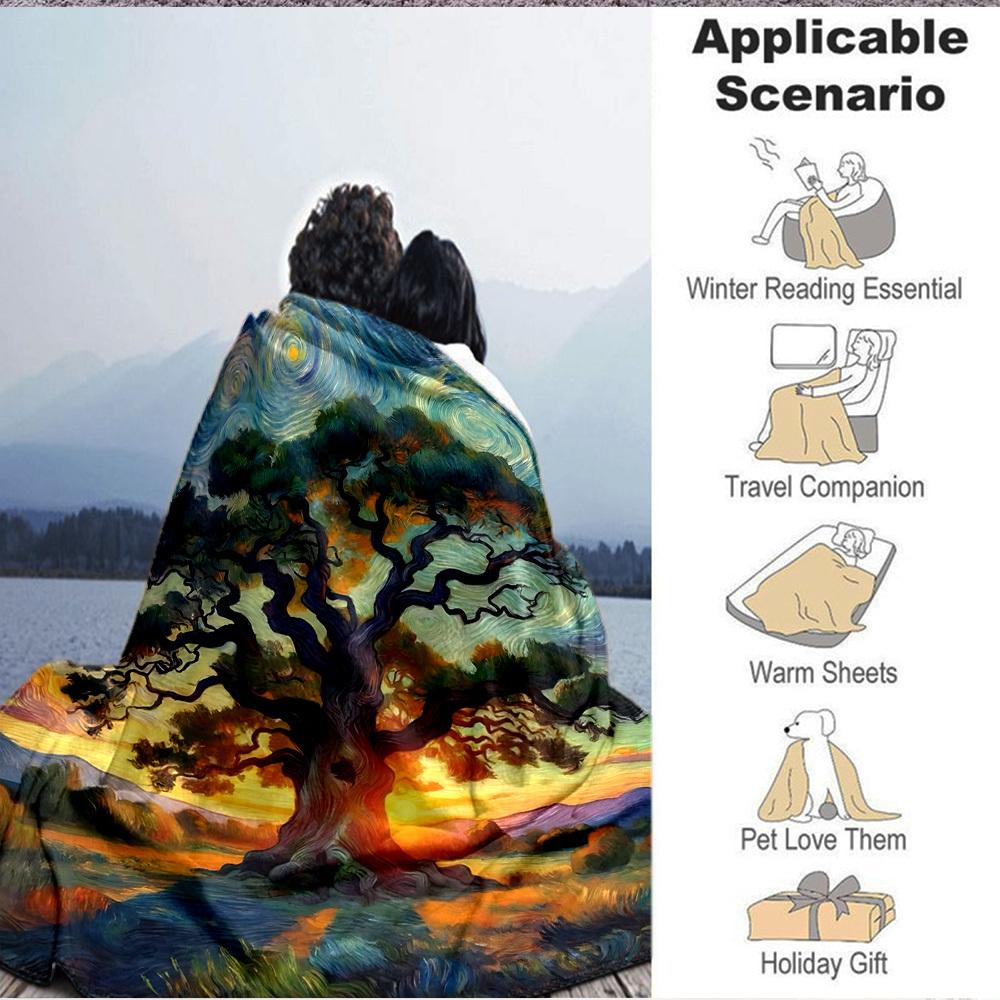 1pc Tree Sunset Pattern Blanket, Lightweight Flannel Throw Blanket for Sofa, Bed, Travel, Camping, Living Room, Office, Couch026