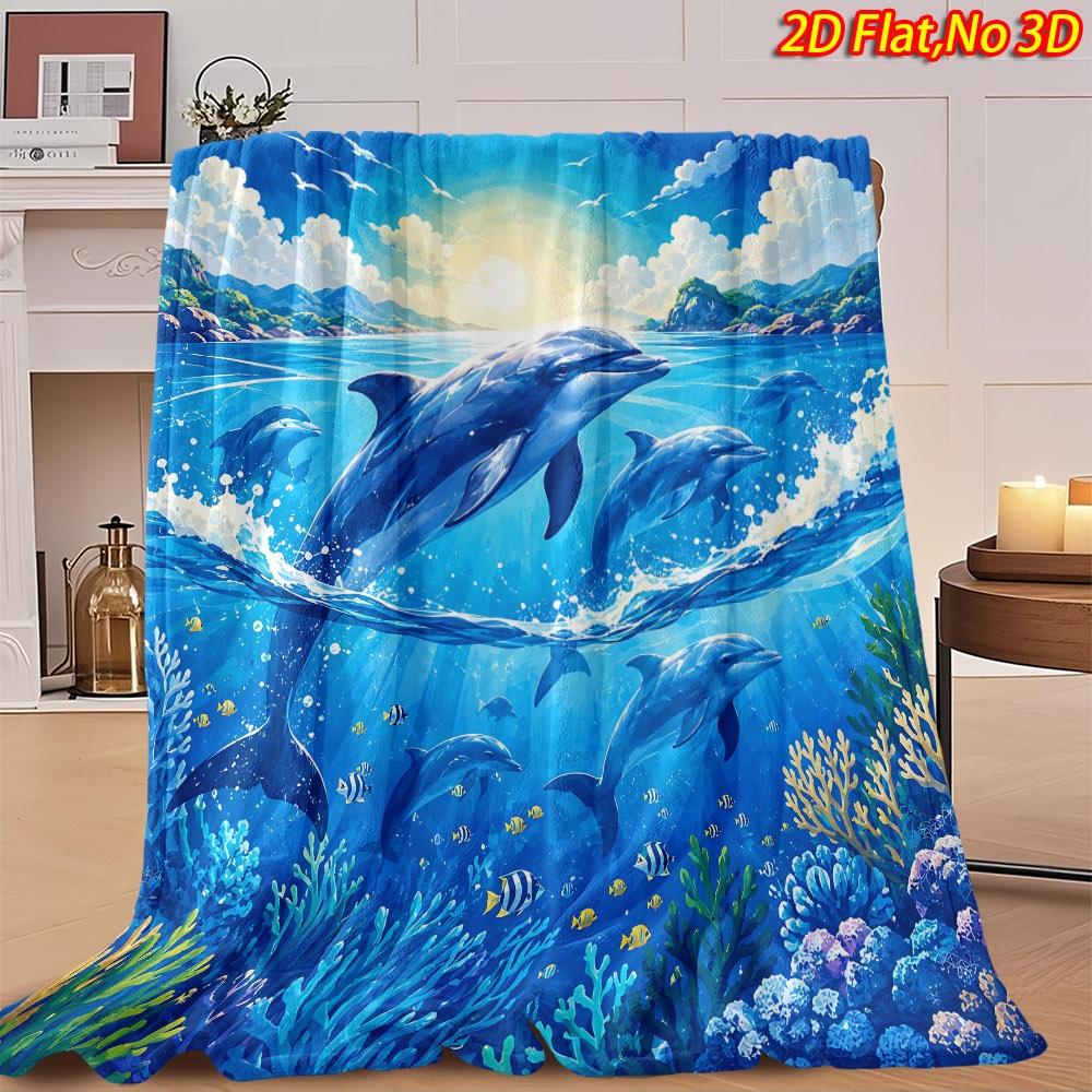 Bright Marine Dolphin Seabed Coral Tropical Fish Sunrise Ocean Art Print Flannel Blanket Cozy Throw for Couch Travel Balcony