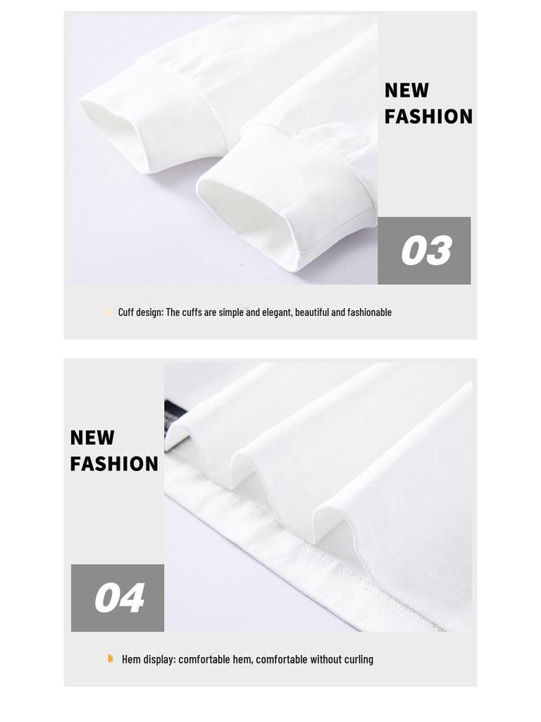 Męski T-shirt z długim rękawem z grubej bawełny - Biały z okrągłym dekoltem, nadruk stalowy, luźny krój, kolekcja jesienna