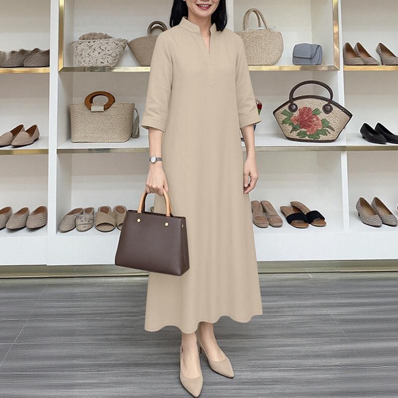 ZANZEA Rochie lungă casual de damă cu gât în V, culoare solidă, mâneci 3/4 largi