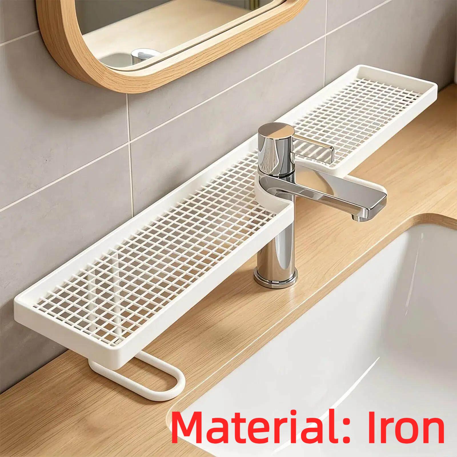 Badezimmer-Arbeitsplattenregal Ablassend Anti-Rutsch Wasserhahnregal Robust Hohlbohrungen Kein Bohren Badezimmerregal Stauraum vergrößern weiß