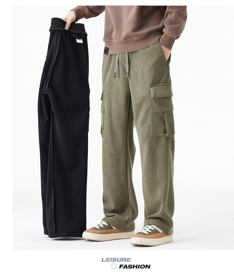 Men's Winter Corduroy Work Pants: Fleece-Lined, Thick, Loose, Wide-Leg, Straight Casual.