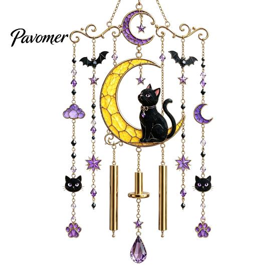 Unique Halloween Gifts for Friends Stained Glass Style Wind Chime, Acrylic Suncatcher Hanging Ornament with Ghost Black Cat Artistic Window