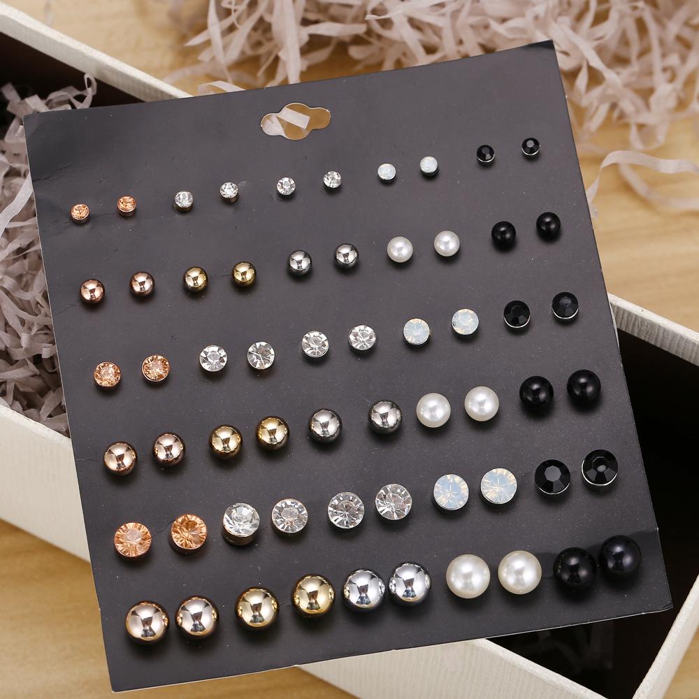 30Pairs Simple Fashion Pearl Bead Diamante Crystal Earrings Ear Stud Set