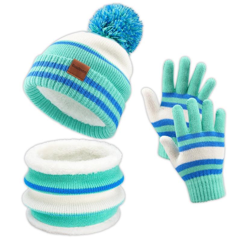 Christmas and New Year Children's Hat, Gloves, Scarf, Three Piece Set, Double-layer Warm, Winter Thick Baby Knitted Set