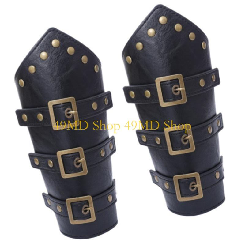 49MD 2pack Handmade Leather Wrist Bracers Durability PU Leather Steampunk Arm Cuffs