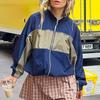 Unisex French Retro Stand Collar Color-Block Zip-Up Oversize Track Jacket Lightweight Polyamide Outdoor Casual Coat, Blue