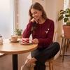 Women's Vintage Round Neck Long Sleeve Knit Cardigan with Heart Embroidery Sweater Jacket