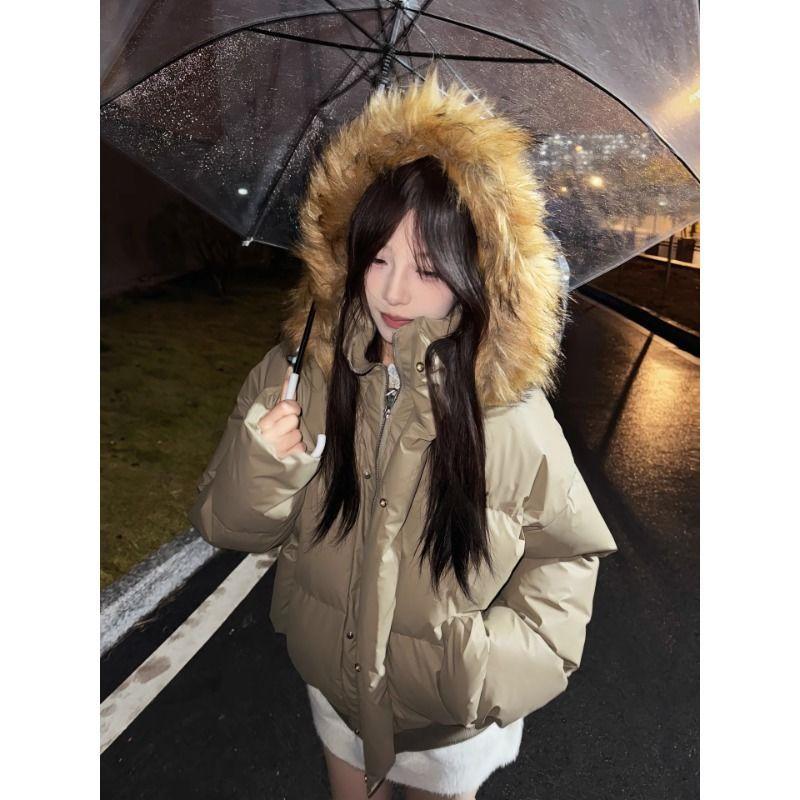 Casual and Versatile Niche Fur Collar Hooded Coat for Women In Winter Thickened Loose Simple Down Coat