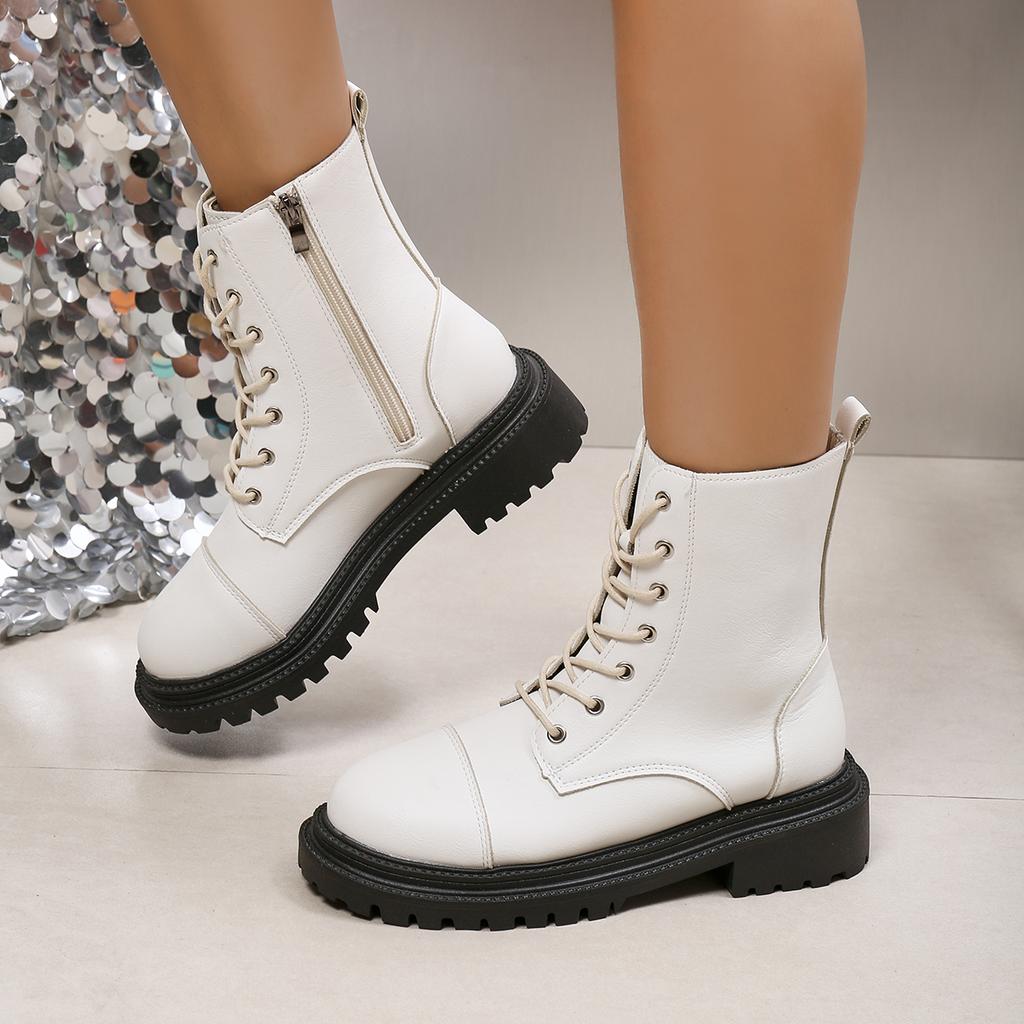 Fashion Short Boots Women Autumn New Ladies Lace-up White Ankle Boots Thick Bottom Women's Shoes Casual Round Toe Short Botines