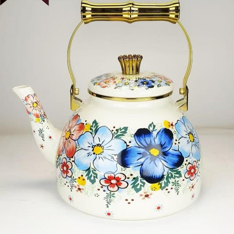 Vintage Emaille-Kessel Blumendekor 1,5L 2,5L 4,5L Eisenwasserkocher für Zuhause Küche Camping